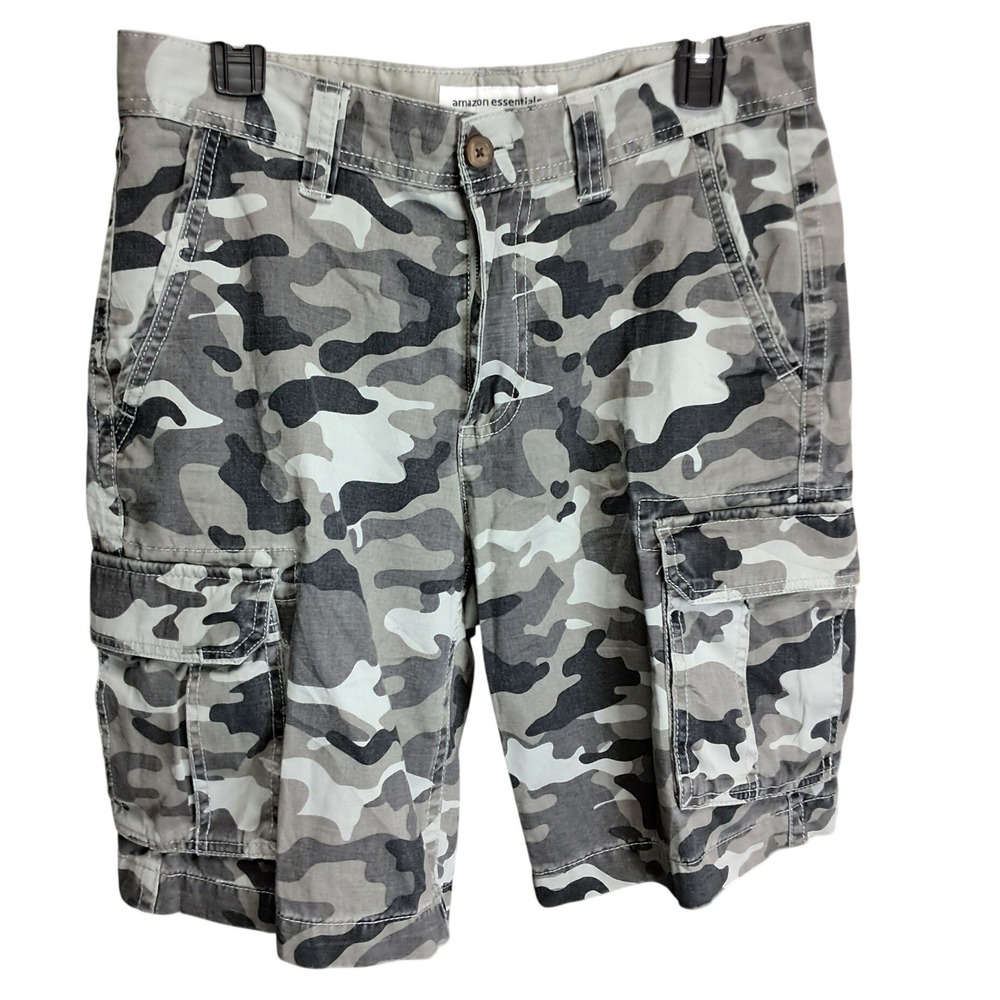 Amazon Essentials Mens Camo Cargo Shorts Grey Green Cotton Twill Size 31